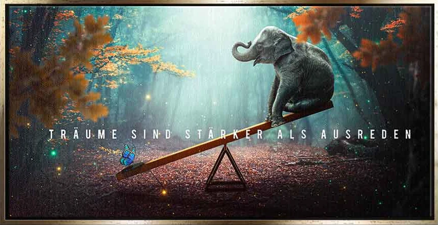 Förderung der Kreativität: Das Surreale des Bildes – ein Elefant, der auf einer Schaukel sitzt – fördert die Kreativität und hilft Ihnen, auch im Alltag über den Tellerrand zu blicken. Es ist ein Symbol dafür, dass alles möglich ist und dass die eigenen Gedanken und Ideen keine Grenzen kennen.