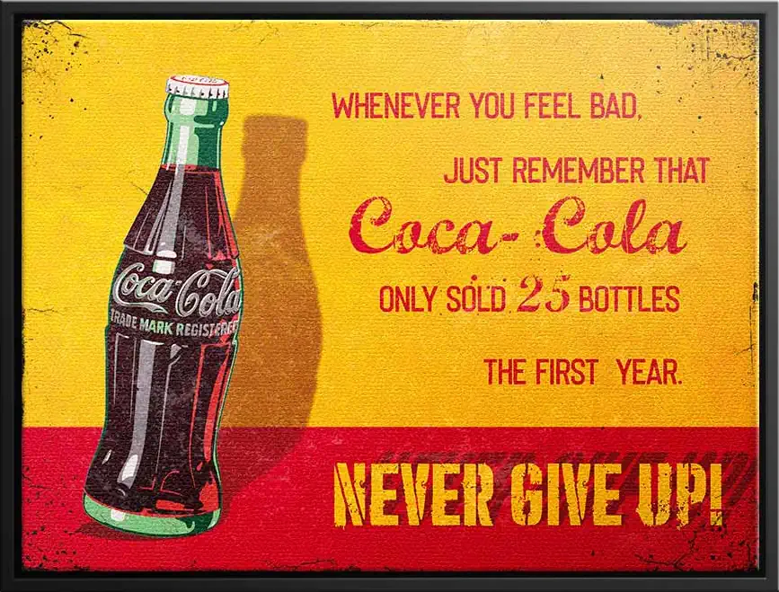 Retro-Flair mit Botschaft: Dieses Coca-Cola Wandbild bringt nostalgischen Charme und eine inspirierende Geschichte in Ihr Ambiente.