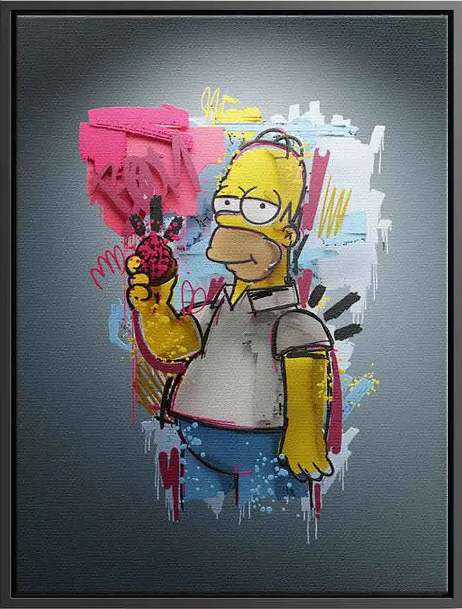 Leinwandkunst 'Layer Homer' von Sebastian Kluger, eine farbenfrohe Darstellung von Homer Simpson mit einer Donut-Granate, die Popkultur und Reflexion verbindet.