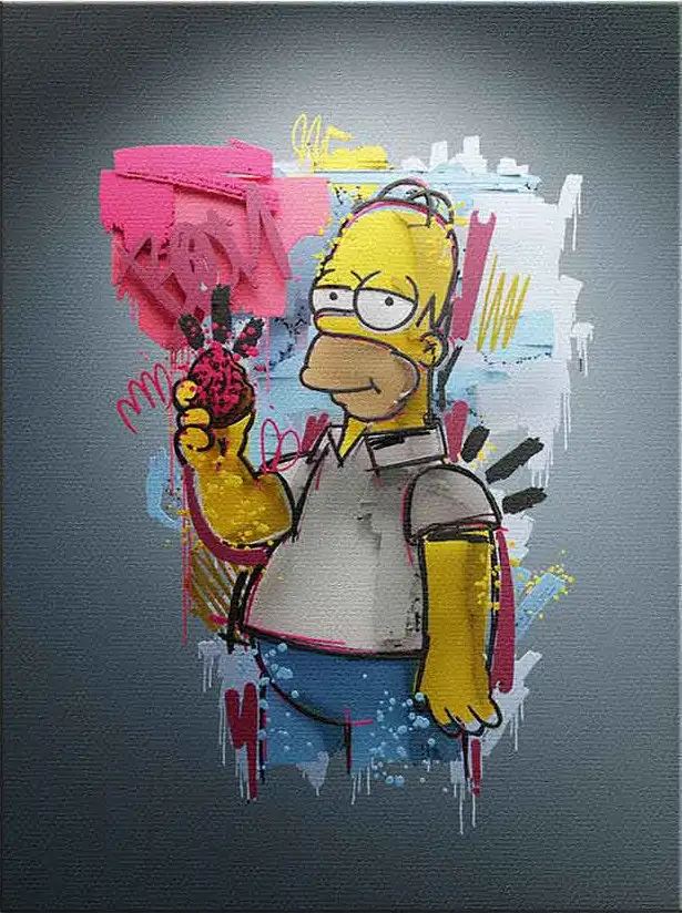 Das Leinwandbild 'Layer Homer' fängt die Essenz Homers in einem popkulturellen, lebendigen Kunststil ein, entworfen von Sebastian Kluger.