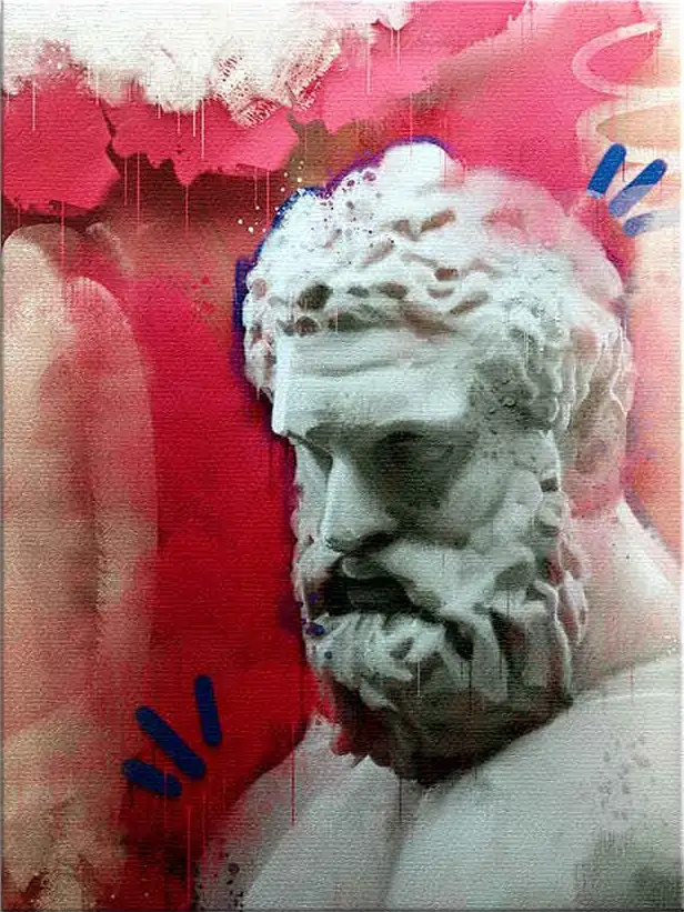 Künstlerische Neuinterpretation des Herkules von Athen durch Sebastian Kluger, verschmolzen mit Elementen der zeitgenössischen Kunst.