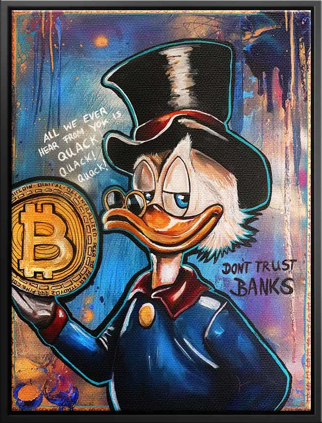 Kunstvolle Leinwand mit Dagobert-Duck-ähnlicher Figur, die Bitcoin hervorhebt, betont durch einen auffallenden blauen Hintergrund und expressive Farbspritzer.
