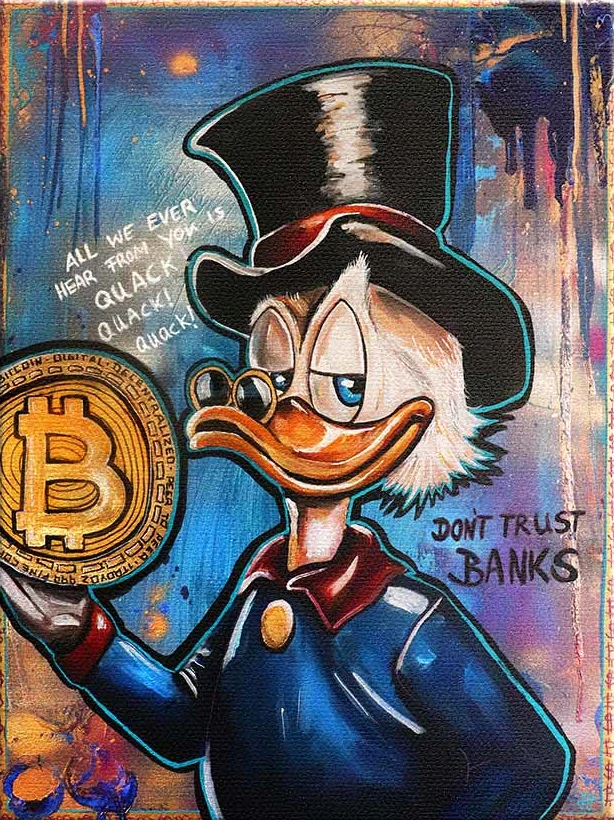 Leinwandbild eines eleganten Entencharakters mit Zylinder, der eine Bitcoin-Münze hält, vor einem urbanen, farbenfrohen Hintergrund mit der Botschaft 'Don't Trust Banks'.