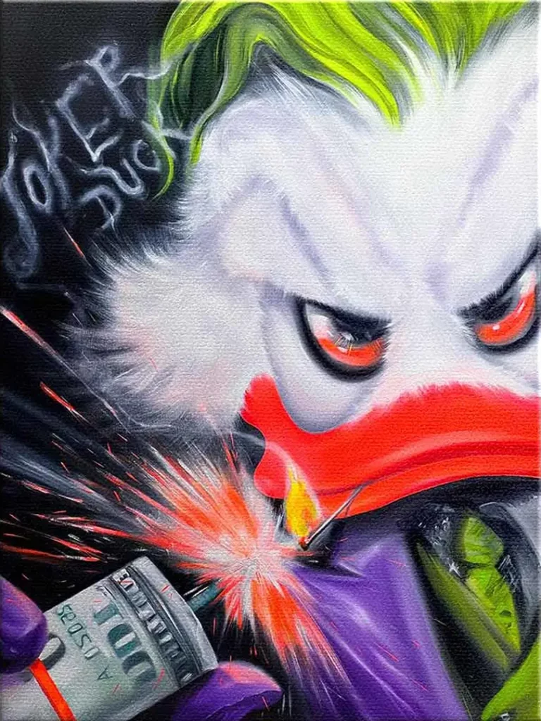 Das Premium Leinwandbild von DOTCOMCANVAS® zeigt JOKER DUCK in einer explosiven Farbkomposition.