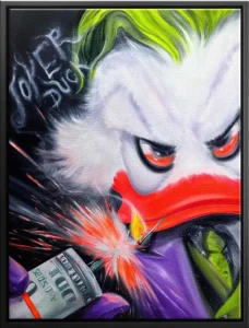 DOTCOMCANVAS® präsentiert ein dynamisches JOKER DUCK Wandbild, vereint Street Art mit Porträtmalerei.