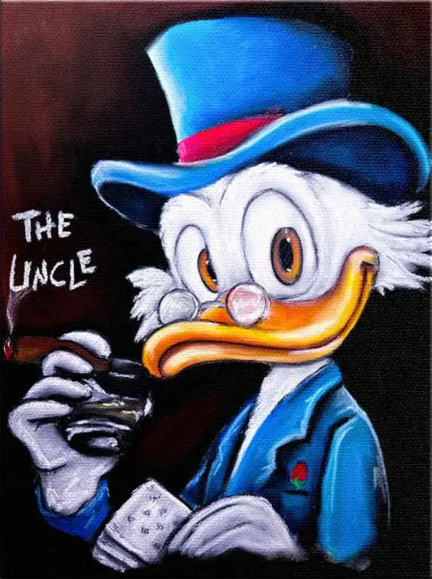 Ein tiefgründiges Kunstwerk von ARTBYAVA: Das Bild zeigt Onkel Dagobert Duck in einem ernsten Moment, umgeben von kräftigen Farben und meisterhafter Komposition.