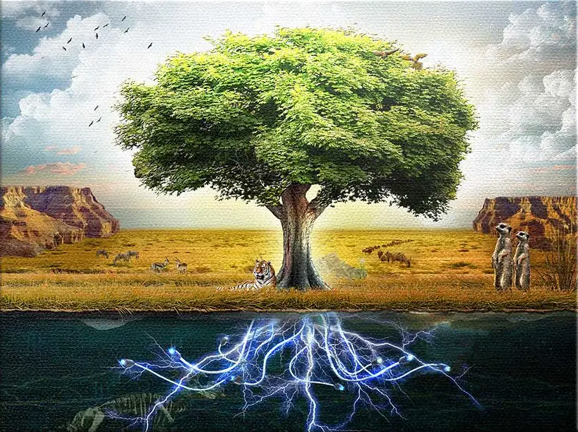 Bild eines Motivationsbaumes, der verschiedene Jahreszeiten und spirituelle Konzepte verkörpert, perfekt für ein inspirierendes Büroumfeld in Grün, Blau und Braun.