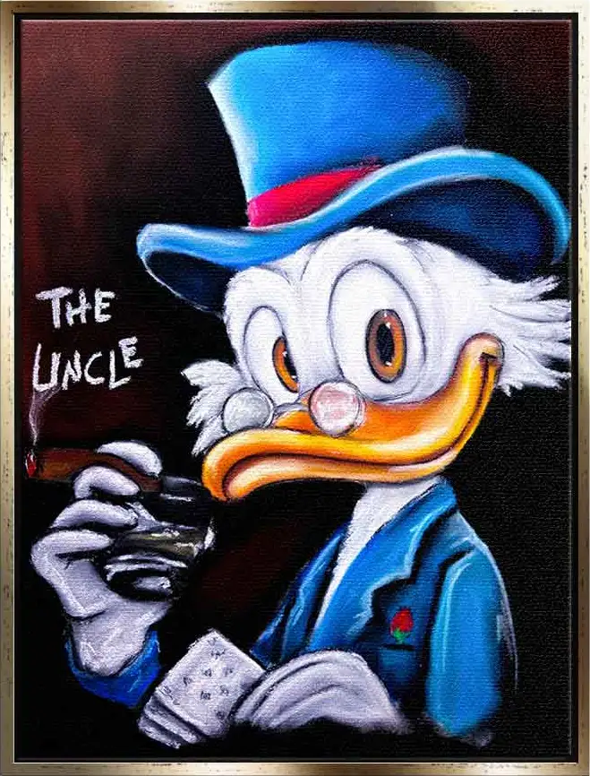Onkel Dagobert Duck, Ein fesselndes Bild: Onkel Dagobert Duck in einem ernsten Ausdruck, eingefangen in kräftigen Farben und beeindruckender Komposition von ARTBYAVA.