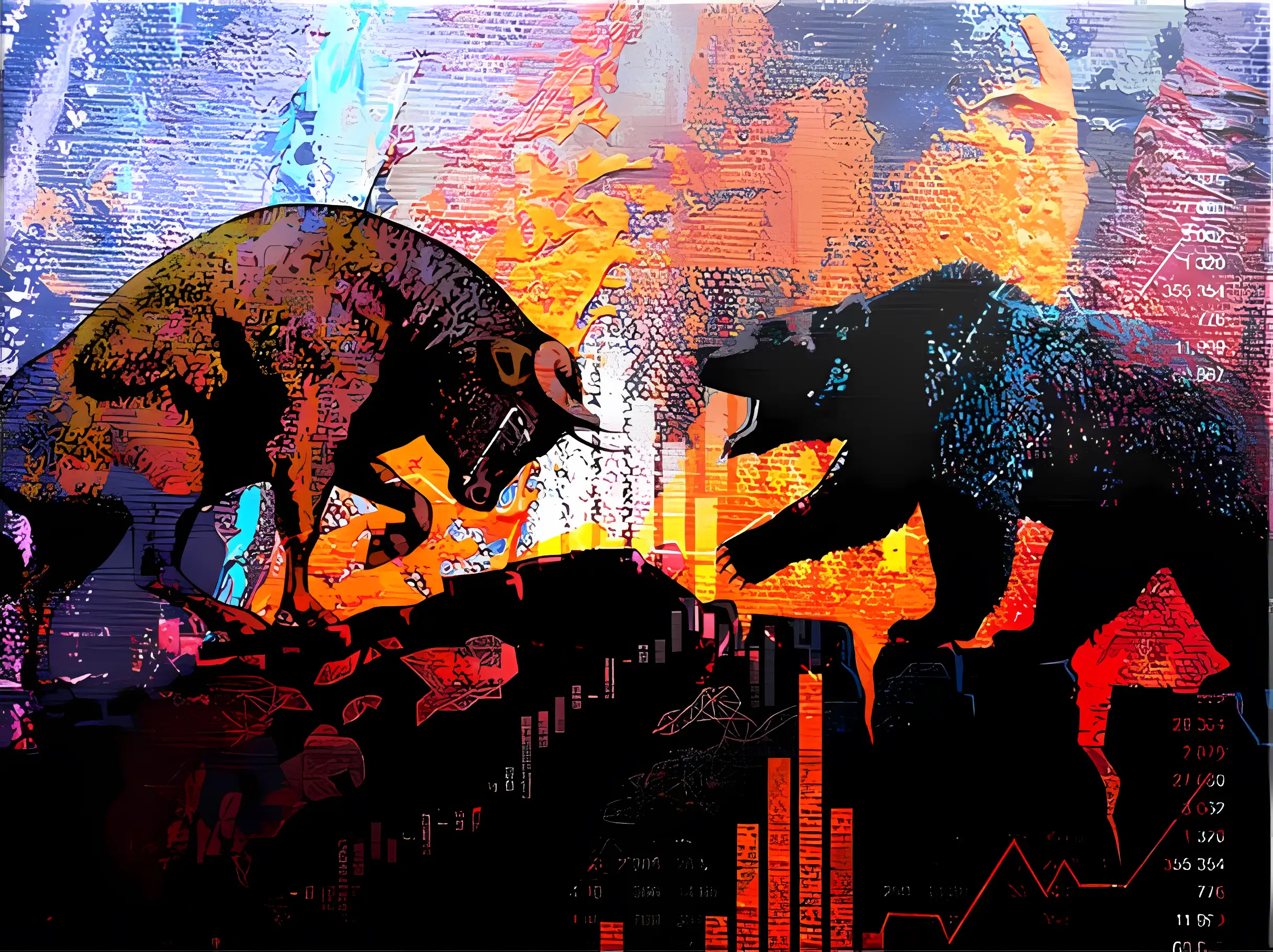 DOTCOMCANVAS Leinwandbild 'BULL FIGHTS BEAR' zeigt Bulle und Bär im dynamischen Börsenkampf. Perfekt für Finanz- und Börsenliebhaber.